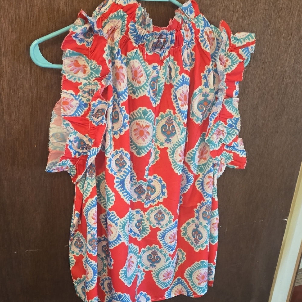 Red Floral Patterned Ruffle Sleeve Dress - Picture 3 of 3